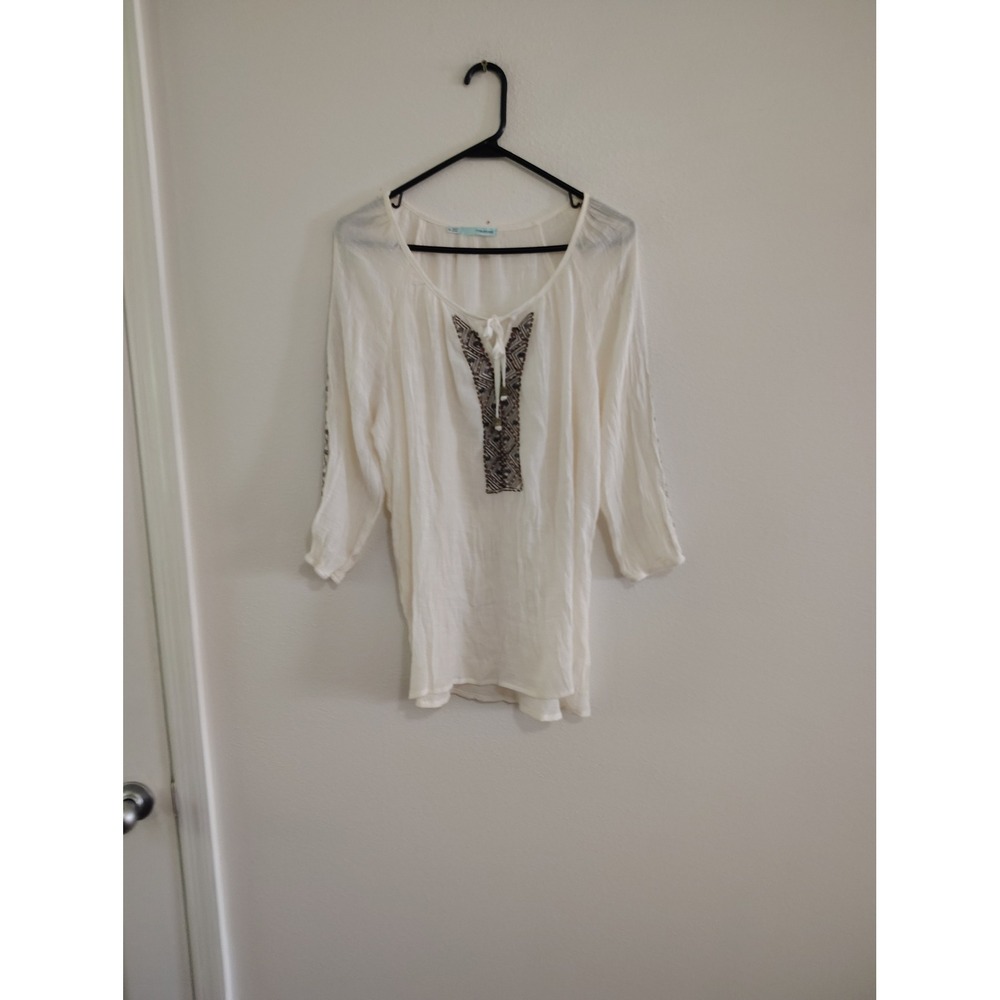 Maurices Ivory Gauze Embroidered Peasant Blouse XL Boho 3/4 Sleeve Split Neck